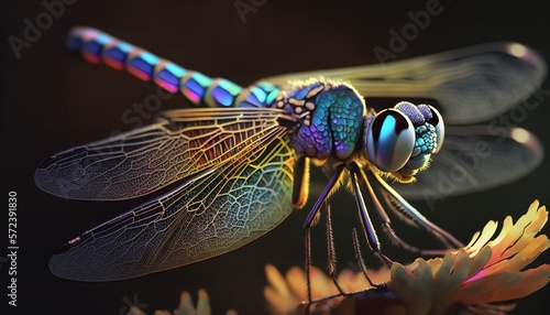 A computer generated illustration of an dragonfly on a branch. Generative Ai.