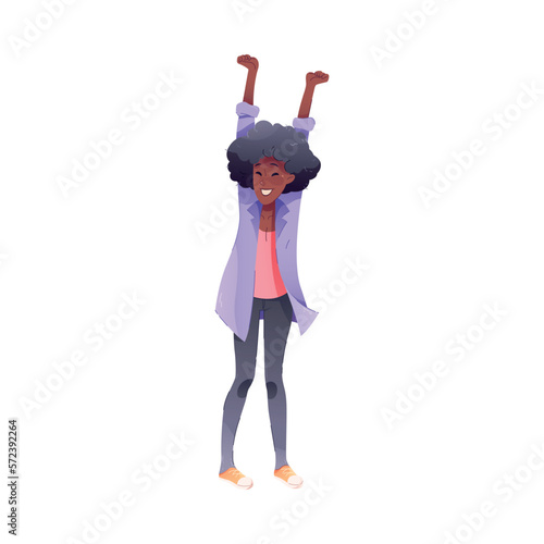 Happy African American Woman Character Rejoicing and Cheering Vector Illustration
