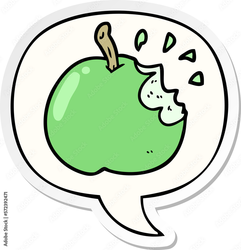 Obraz premium cartoon fresh bitten apple and speech bubble sticker