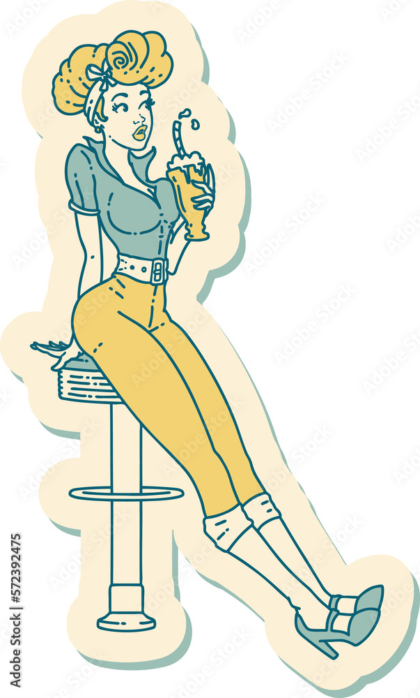 tattoo style sticker of a pinup girl drinking a milkshake tattoo style sticker of a pinup girl drinking a milkshake