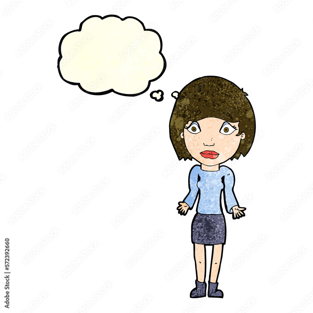 cartoon woman shrugging shoulders with thought bubble cartoon woman shrugging shoulders with thought bubble