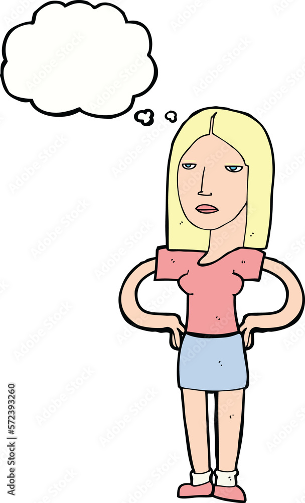 cartoon woman with hands on hips with thought bubble cartoon woman with hands on hips with thought bubble