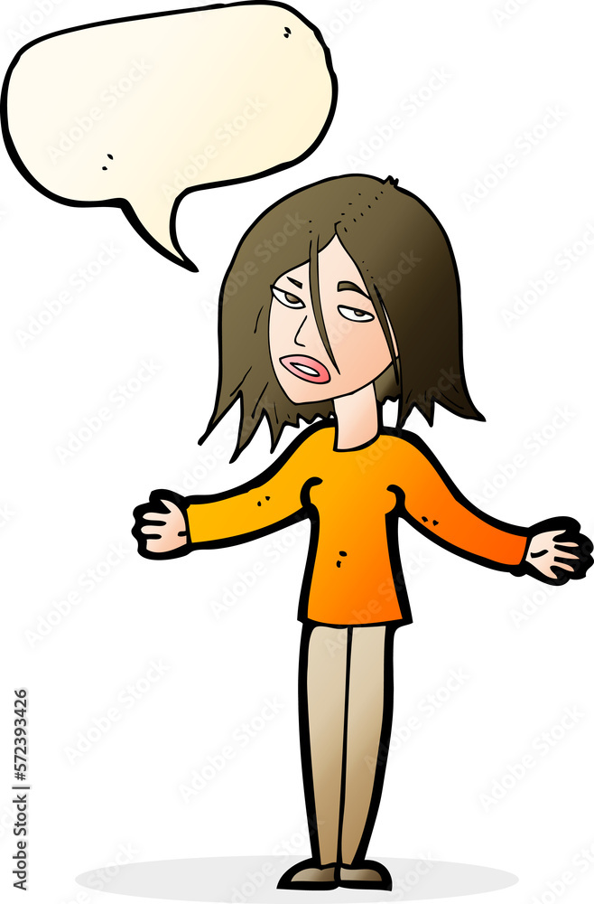 cartoon woman shrugging shoulders with speech bubble cartoon woman shrugging shoulders with speech bubble