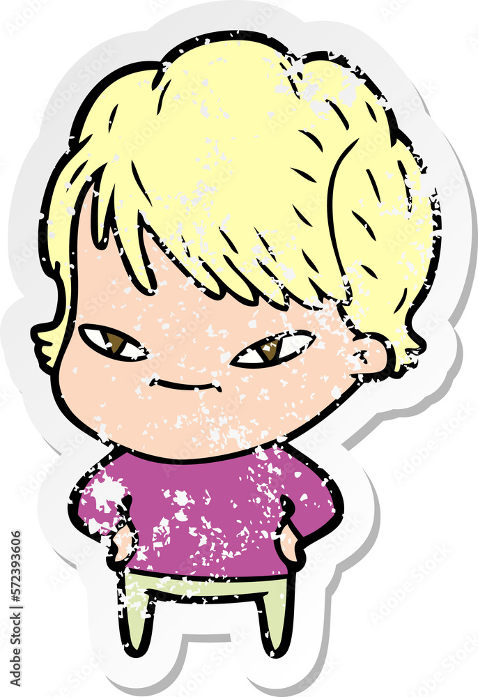 distressed sticker of a cartoon happy woman distressed sticker of a cartoon happy woman