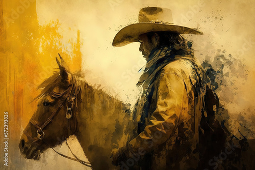 Cowboy with horse abstract digital art, wild west digital painting,generative ai photo