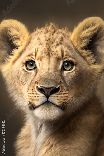 close up of a lion - Cute lion cub - Created with Generative AI technology.