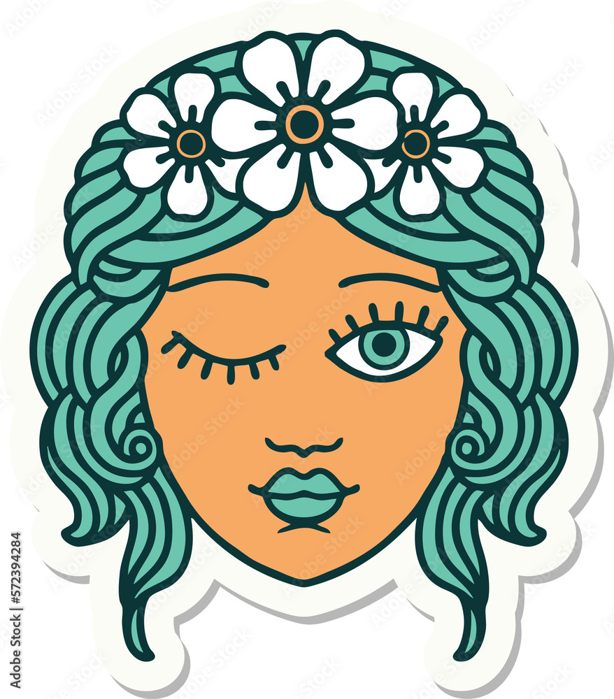 tattoo style sticker of a maidens face winking