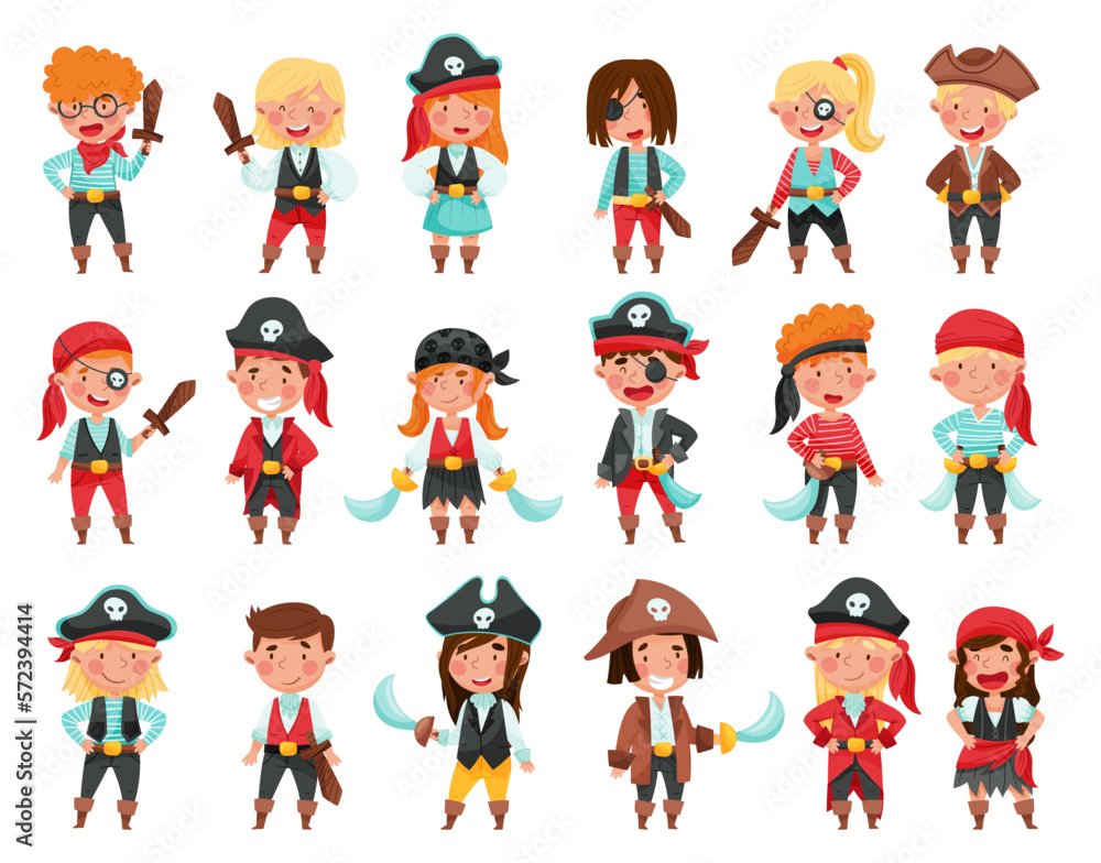 Cheerful Boys and Girls in Pirate Costumes with Sword or Saber Vector Set