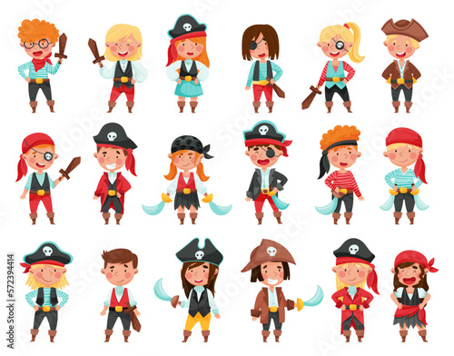 Cheerful Boys and Girls in Pirate Costumes with Sword or Saber Vector Set Fototapet