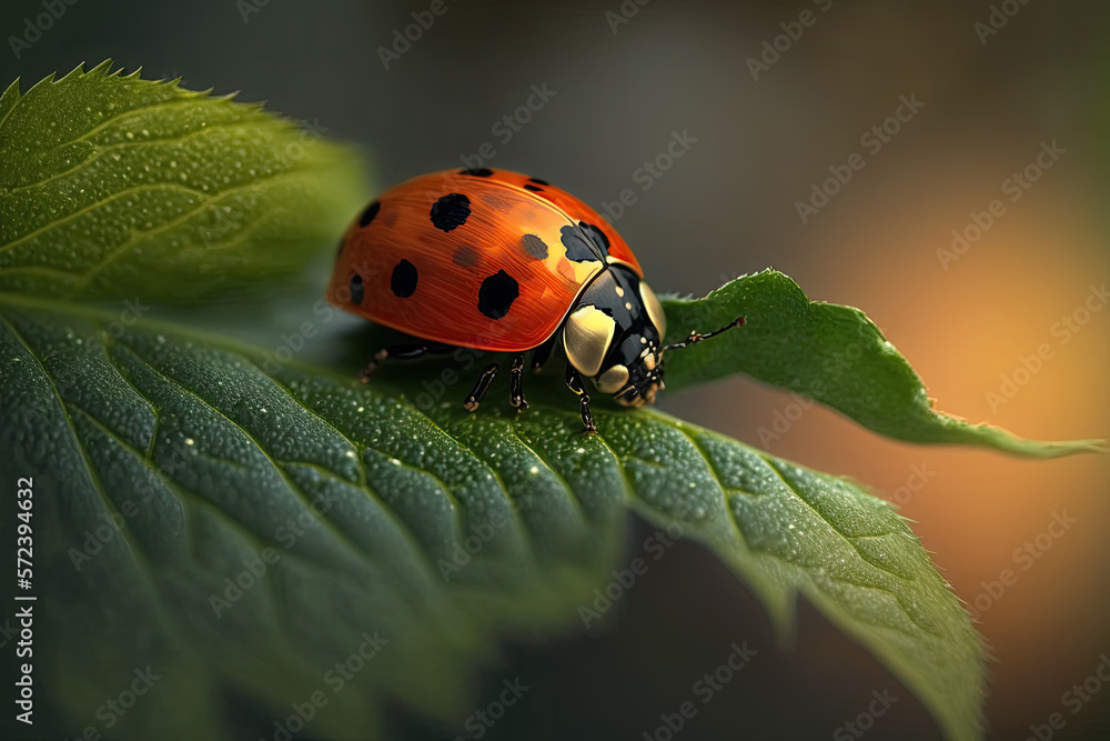 a red ladybug sits on a green leaf. Generative AI a red ladybug sits on a green leaf. Generative AI