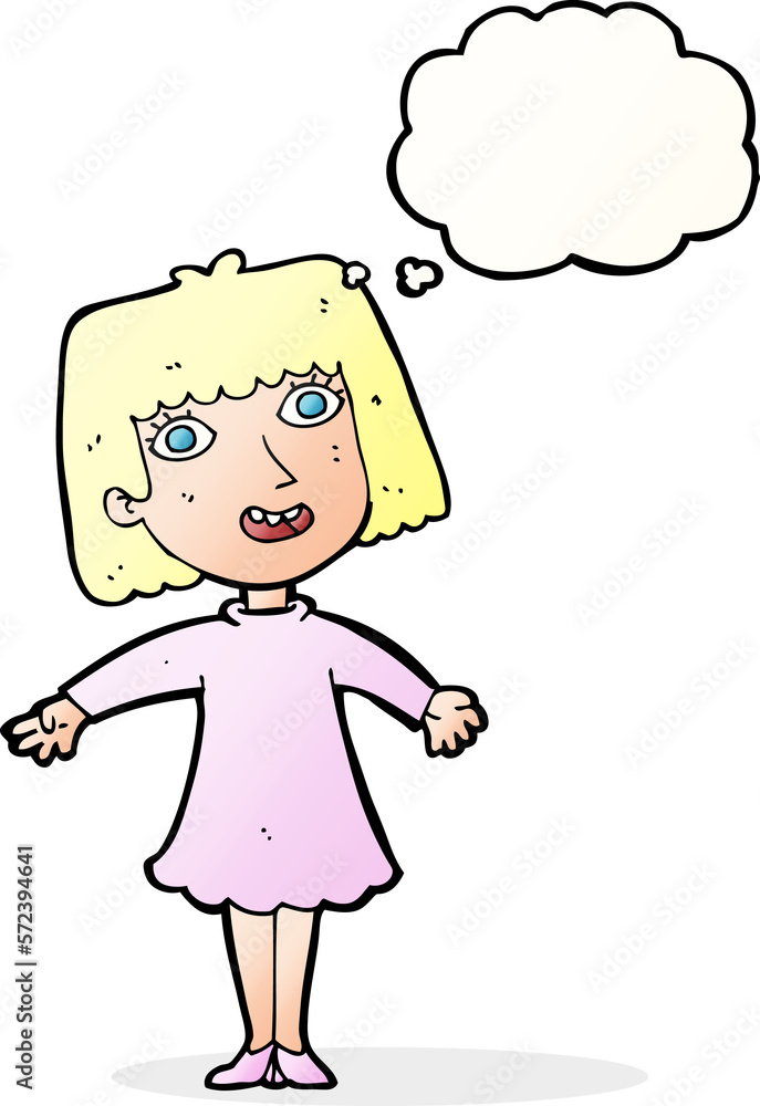 cartoon happy woman in dress with thought bubble cartoon happy woman in dress with thought bubble