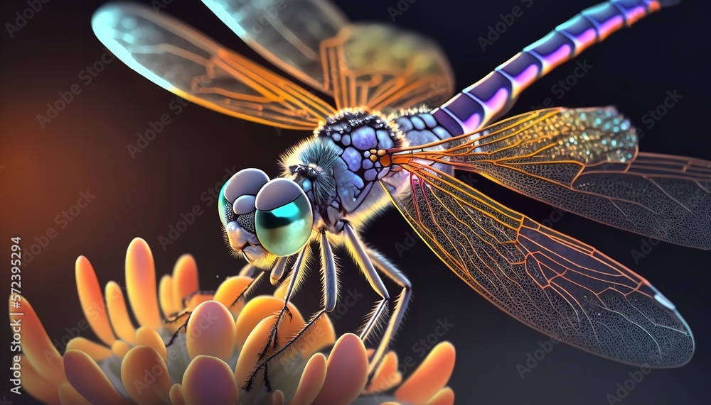 A computer generated illustration of an dragonfly on a branch. Generative Ai.