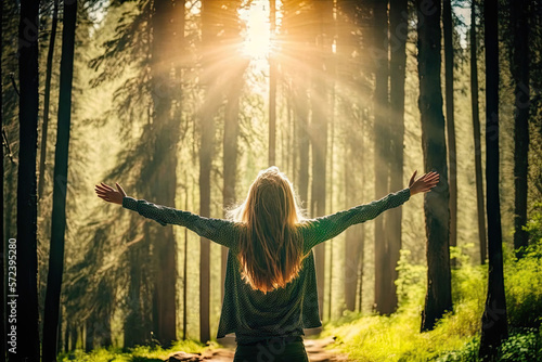 a free young woman breathes fresh air in the forest and spreads her arms. Generative Ai