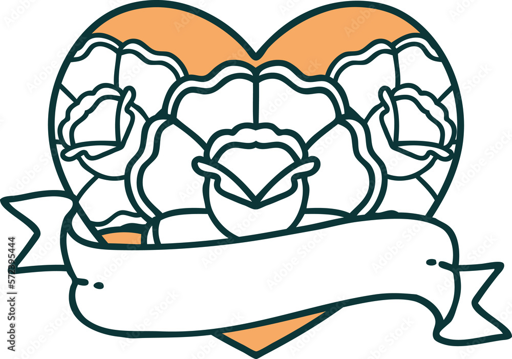 tattoo style icon of a heart and banner with flowers tattoo style icon of a heart and banner with flowers