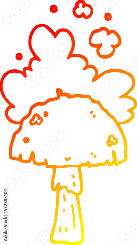 warm gradient line drawing cartoon mushroom with spore cloud