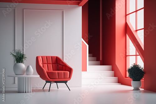 beautiful modern minimal interiors with modern red armchair . Generative AI