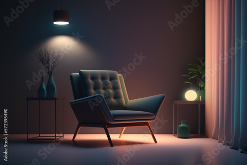 beautiful modern minimal interiors with modern armchair cinematic light. Generative AI