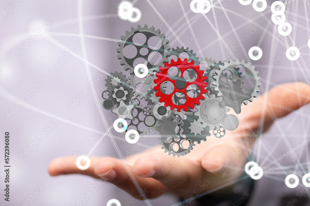 gear system data. Connecting lines and dots.Big data visualization - 3D digital gear system data. Connecting lines and dots.Big data visualization - 3D digital
