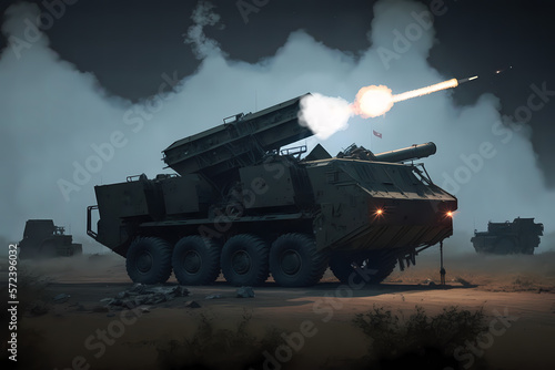 Heavy Mobile rocket artillery system or Air defense launches rockets.