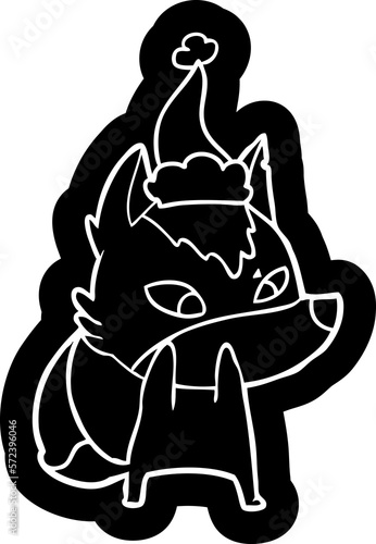 shy cartoon icon of a wolf wearing santa hat