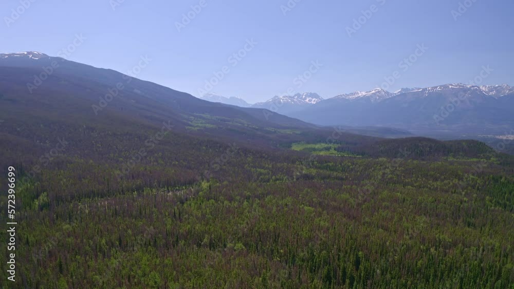 Aerial view of Jasper national park with blue lakes and blue sky glacier