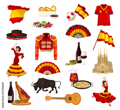 Fototapeta Naklejka Na Ścianę i Meble -  Spanish Traditional Symbols and Objects with Flag and Food Vector Set