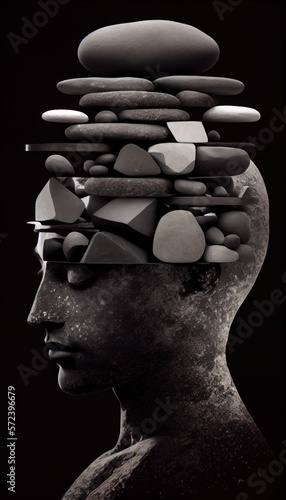Mental health, balance, harmony mind abstract concept. Head silhouette with balanced zen stones inside. Mindfulness, self care idea. 