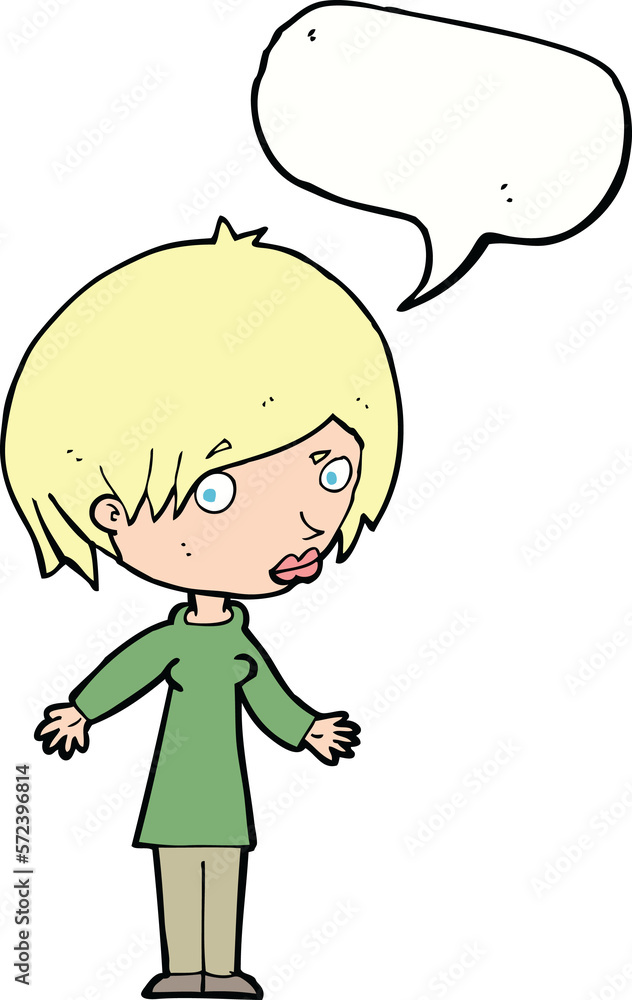 cartoon woman shrugging shoulders with speech bubble cartoon woman shrugging shoulders with speech bubble