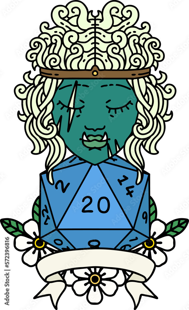 half orc barbarian character with natural 20 dice roll illustration half orc barbarian character with natural 20 dice roll illustration