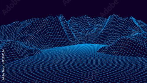 Futuristic digital neon grid landscape background. Abstract dynamic retro mountains backdrop. Big data visualization. For website and banner design. Vector illustration.