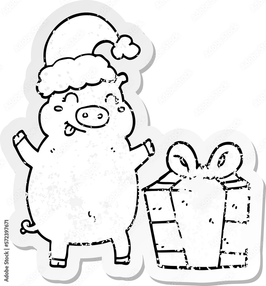 distressed sticker of a cartoon happy christmas pig distressed sticker of a cartoon happy christmas pig