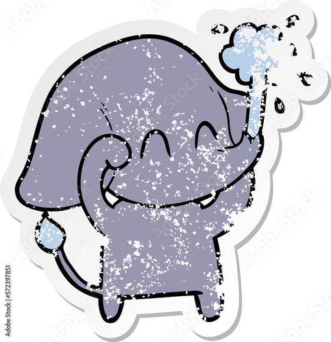 distressed sticker of a cute cartoon elephant spouting water photo