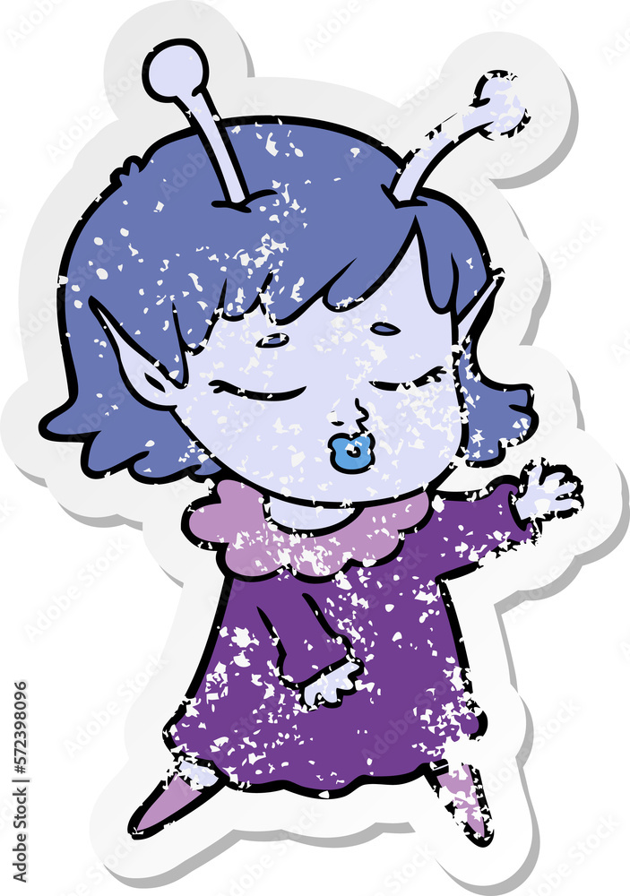 distressed sticker of a cute alien girl cartoon distressed sticker of a cute alien girl cartoon