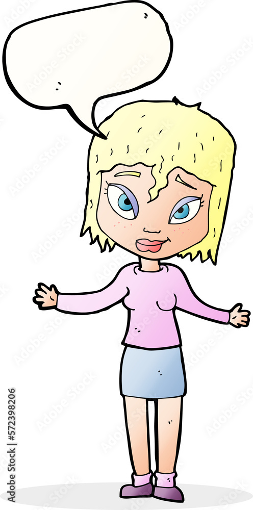 cartoon woman shrugging shoulders with speech bubble cartoon woman shrugging shoulders with speech bubble