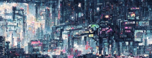 Pixel Cyberpunk neon city night. Futuristic city scene in a style of pixel art. 80's wallpaper. Retro future Generative AI illustration. Urban scene. © Valeriy