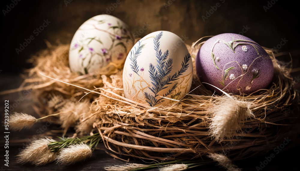 Obraz premium Easter painted eggs on an old wooden table, rustic style, Easter. generative AI