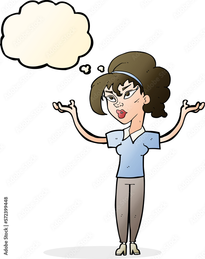 cartoon woman raising hands in air with thought bubble cartoon woman raising hands in air with thought bubble