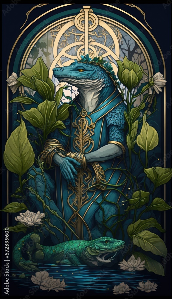The Egyptian God, Sobek – God of Water, Vegetation. AI generative illustration in art nuveau poster style.