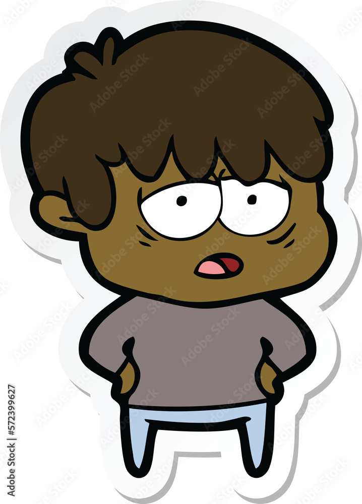 sticker of a cartoon exhausted boy sticker of a cartoon exhausted boy