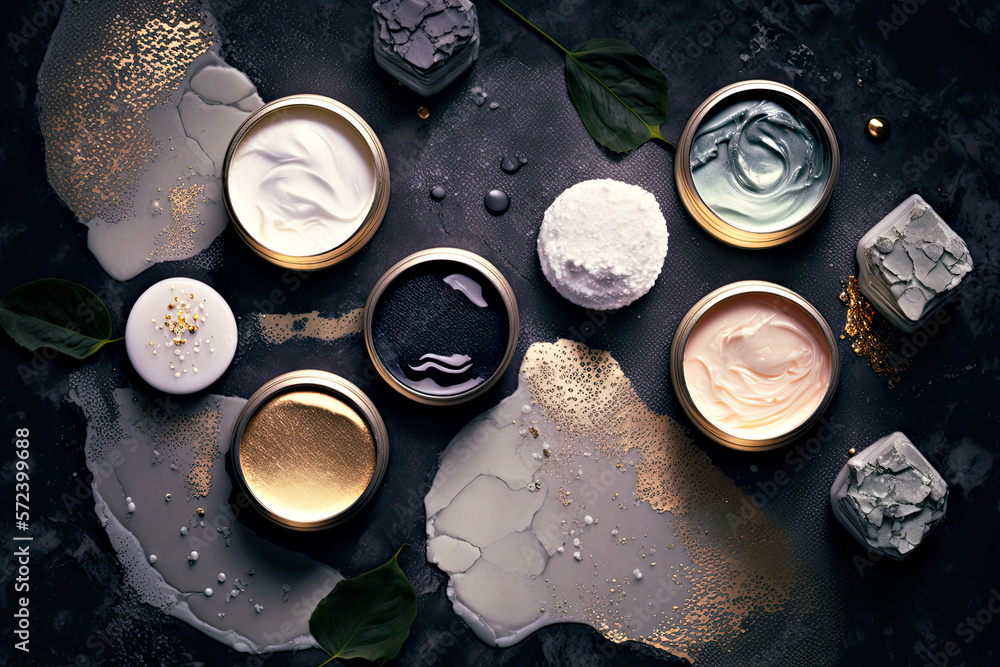 Smudges and samples of various beauty products, cream, moisturizer, serum on black background. AI generative Smudges and samples of various beauty products, cream, moisturizer, serum on black background. AI generative