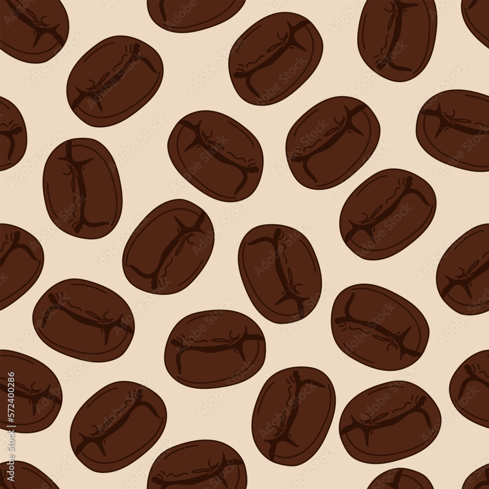 Obraz premium Coffee beans seamless pattern. Illustration of coffee beans in flat style. Repeated dark brown texture. Vector illustration