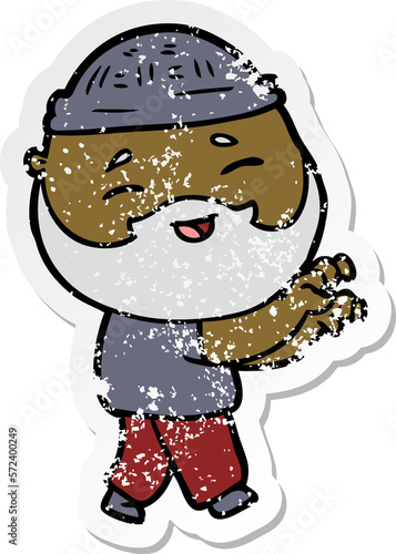 distressed sticker of a cartoon happy bearded man