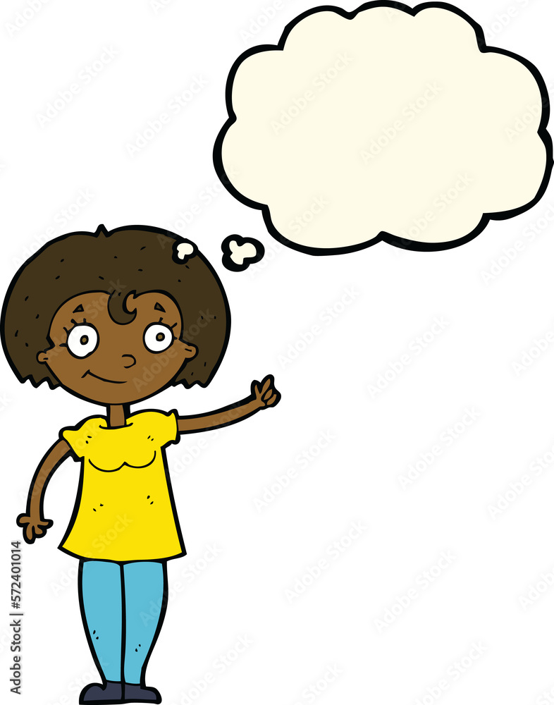 cartoon happy woman pointing with thought bubble cartoon happy woman pointing with thought bubble
