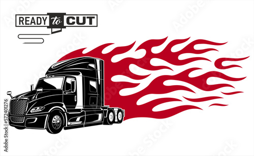  Classic american semi truck. Isolated vehicle with fire flame on white background. Prepared for printing and cutting (Cricut, Silhouette, Cameo). 
