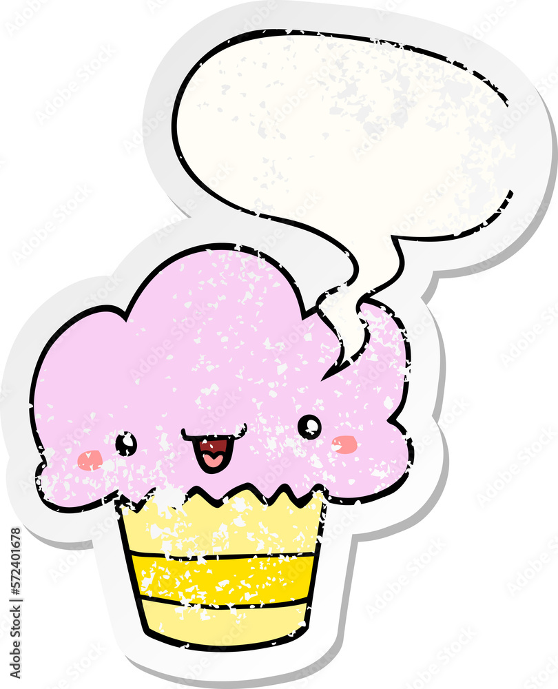 cartoon cupcake and face and speech bubble distressed sticker cartoon cupcake and face and speech bubble distressed sticker