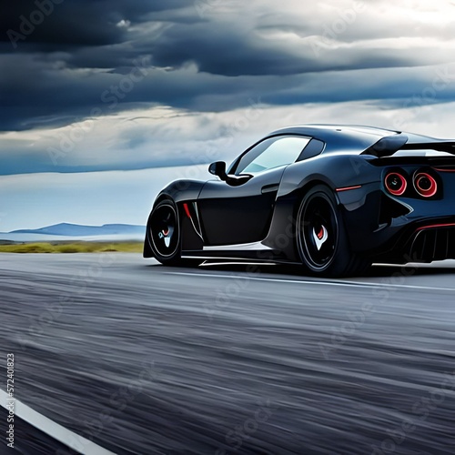 Black sports car on the road in cloudy day