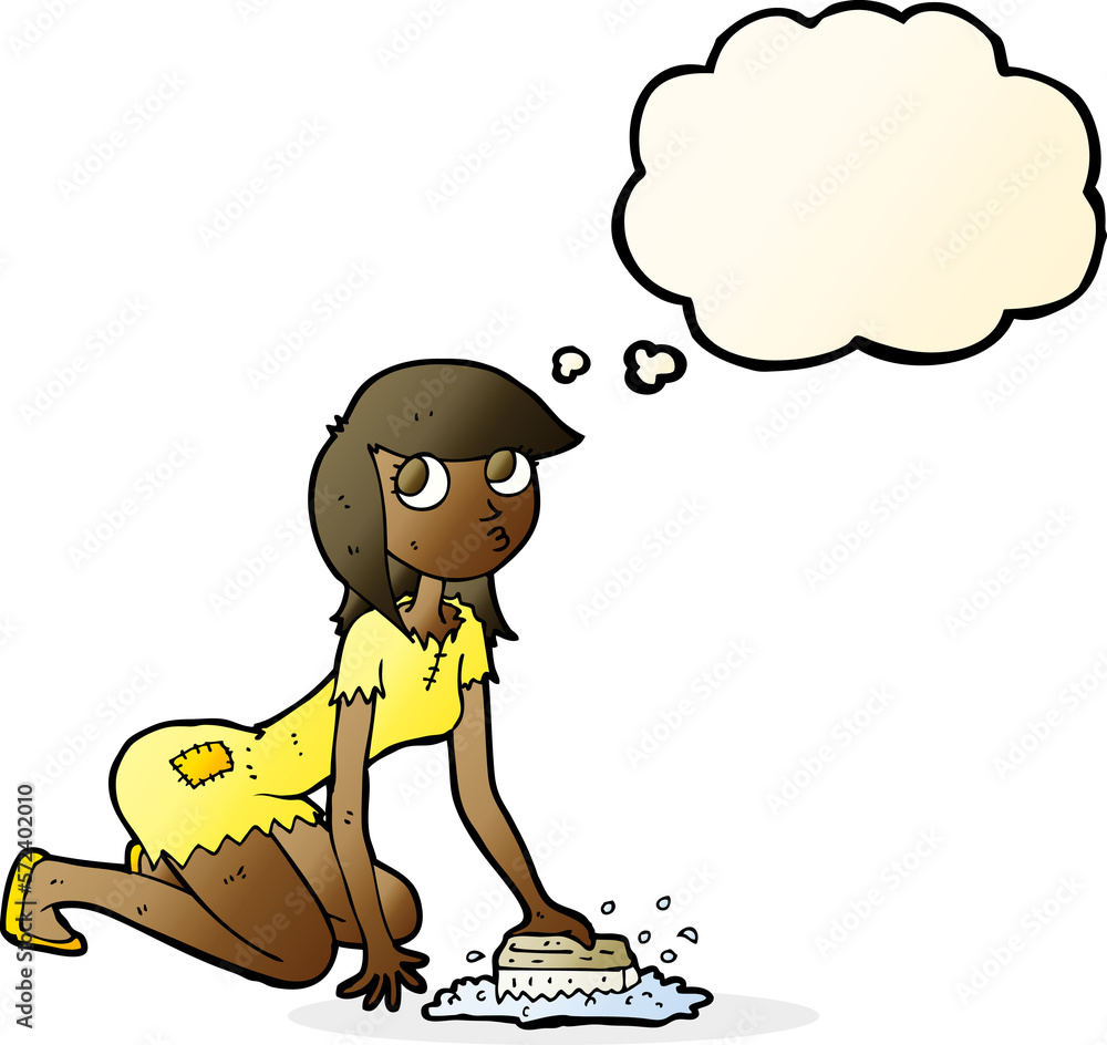 Naklejka premium cartoon cinderella scrubbing floors with thought bubble