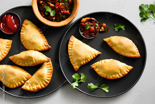 Empanadas caseiras de carne, com molho natural e folhas de salsa photo