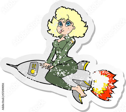 retro distressed sticker of a cartoon army pin up girl riding missile