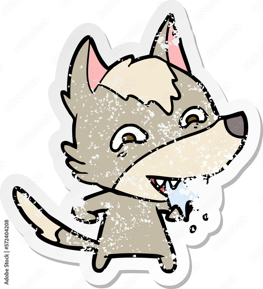 distressed sticker of a cartoon hungry wolf distressed sticker of a cartoon hungry wolf
